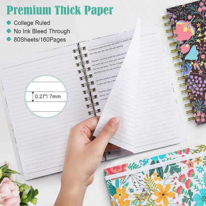 Spiral Notebook, 4 Pack A5 Lined Journal for Women, Hardcover Spiral Journal with 2 Pockets, College Ruled Notebooks, Cute Notebook for Office, School Supplies, Gifts (160 Pages, 6.3" x 8.46")