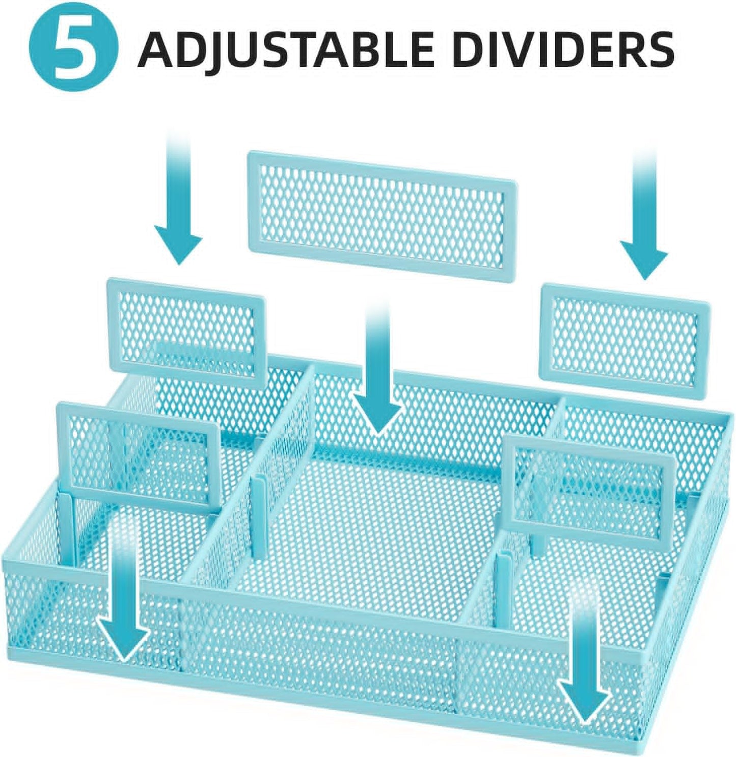 Marbrasse 2 Pack Desk Drawer Organizer, Mesh Drawer Organizer Tray with 8 Adjustable Compartments, Desk Organizers and Accessories, 5 Dividers Drawer for Office Supplies, Makeup & Vanity (Black)