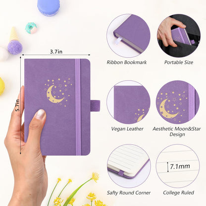 BOBO RABBIT 3 Pack Pocket Small Notebooks Total 600 Pages A6 Moon Star Aesthetic Mini Compact Journal Notebook For Note Taking Journaling Hardcover Leather College Ruled Lined Note Pads for Women Men Travel Office School