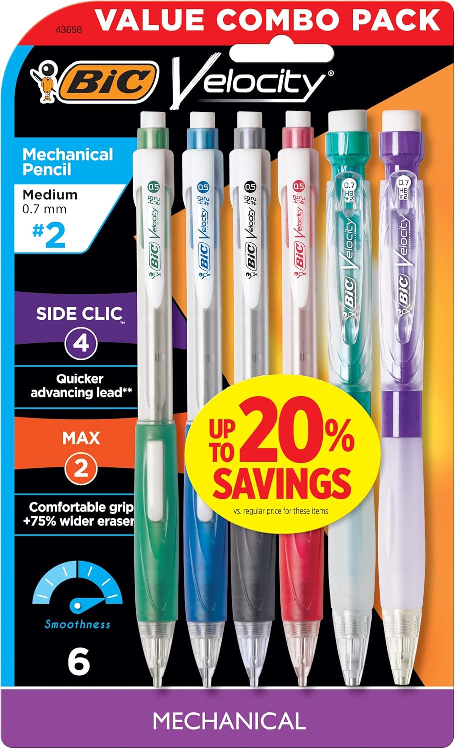 BIC Velocity Mechanical Pencils with Colored Leads, Medium Point (0.7 mm), 6-Count Pack, Perfect for Drawing and Journaling (MV7CP61-AST)