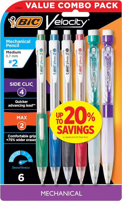 BIC Velocity Mechanical Pencils with Colored Leads, Medium Point (0.7 mm), 6-Count Pack, Perfect for Drawing and Journaling (MV7CP61-AST)