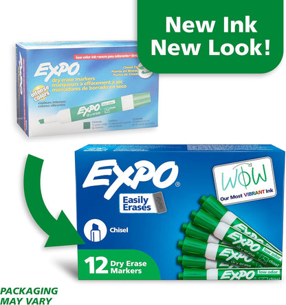 EXPO Dry Erase Markers, Low Odor Ink, Green, Chisel Tip, 12 Count - Whiteboard, Calendar, Organization, Essential Supplies for Office, School, Classroom, Teachers