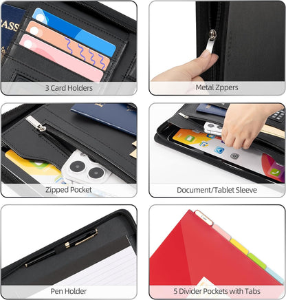 Ospelelf Zippered Padfolio Portfolio Folder, Leather Clipboard with Storage, 3 Ring Binder 1 Inch,12.1” Tablet Sleeve, 5 Dividers with Pocket, Refillable Notepad, Card Slot (Classic Black)