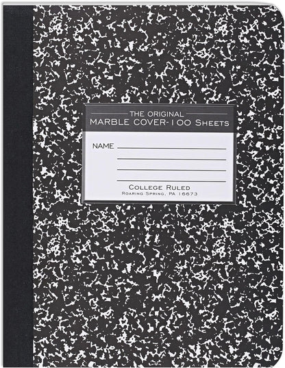 ROARING SPRING Hard Cover Composition Notebook, Black Marble Comp Book, 9.75″ x 7.5″, College-Ruled with Margin, 100 Sheets (200 Pages), Made in USA