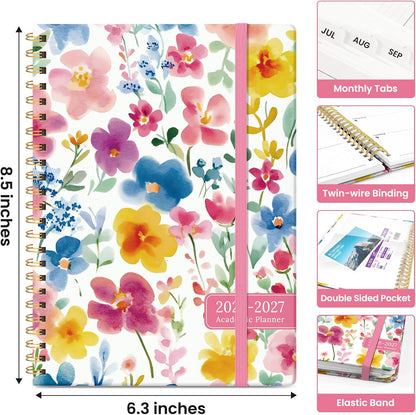 Planner 2026-2027, Academic Year Monthly and Weekly Calendar Planner, Jul 2026 - Jun 2027, Hardcover Teacher Student Planning Agenda book with Tabs, Perfect for School Office Supplies, 6.3" x 8.5" - Wildflowers