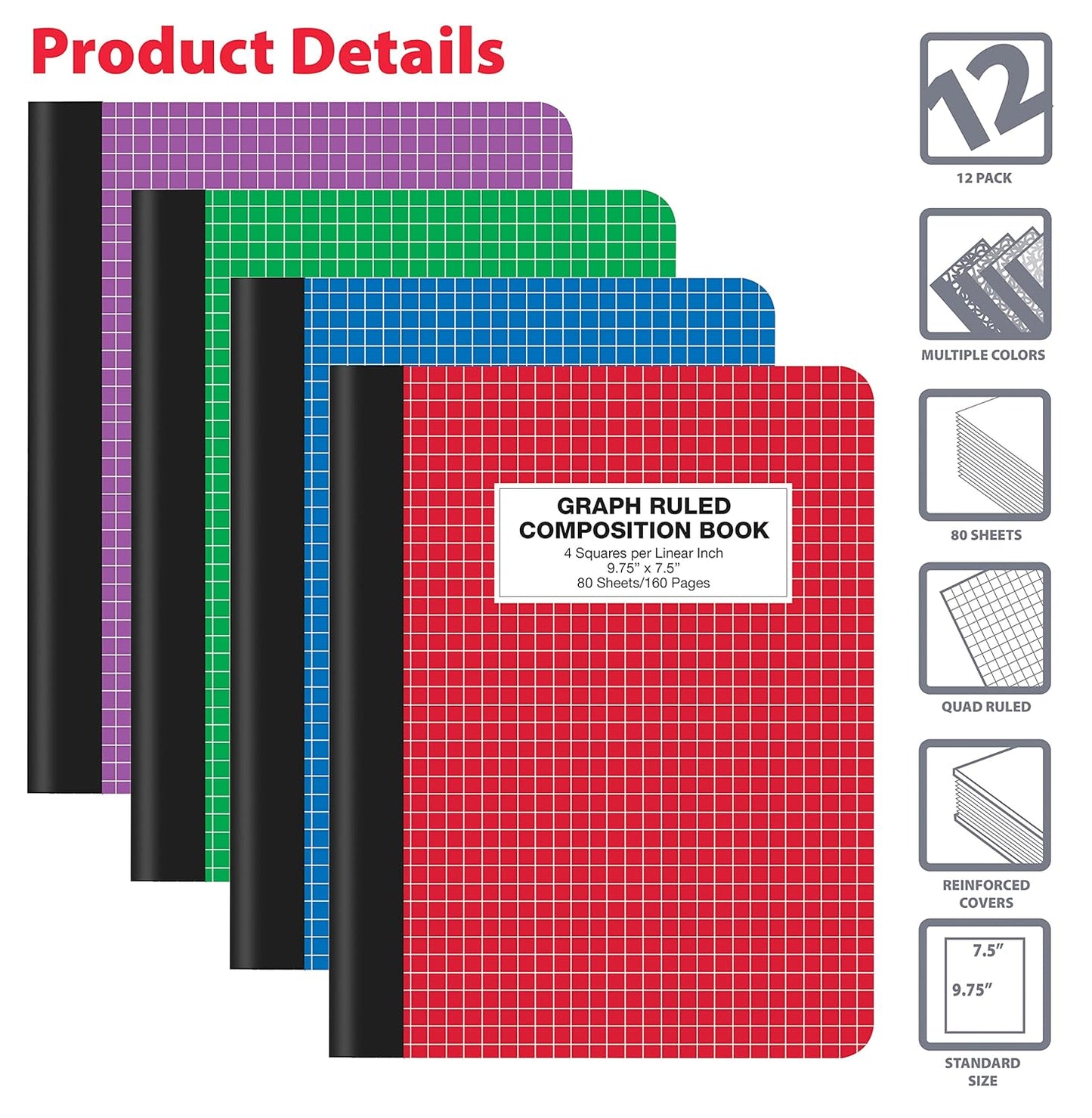Better Office Products Quad Ruled Composition Book Notebook, 12 Pack, Hardcover 4x4 Graph Ruled Paper, 80 Sheets, 9.75" x 7.5", Assorted Color Covers, 12 Pack