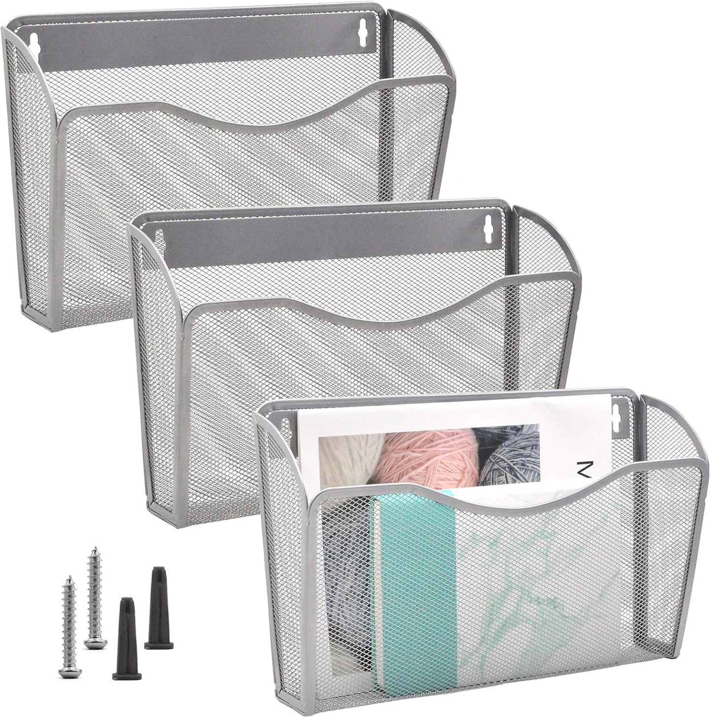 EASEPRES 3 Single Pocket Mesh Hanging File Organizer, Vertical Wall Mounted Magazine File Holder, Mount Basket Mail Paper Document Folder Organizing for Office, Home and School, Black