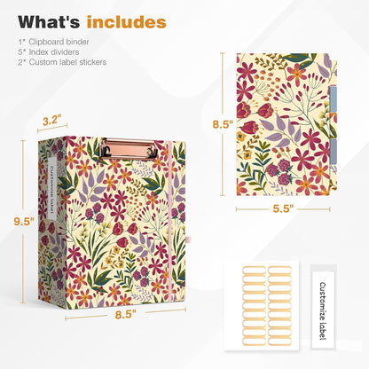 Ospelelf Binder 3 Ring 1 Inch, Floral Round Ring Clipboard Binder for Letter Size with 5 Tab Dividers, File Folder Labels, for School and Office Supplies