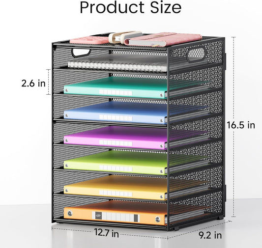 Lavatino 8 Tier Paper Organizer for Desk, Black Mesh Letter Tray File Sorter Organizers with Handles, Including 5 Adjustable Slid Trays for Office School Classroom Supplies Organization and Storage