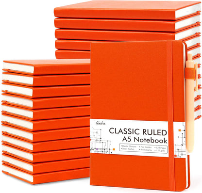 feela College Ruled Notebooks, 24 Pack Business Notebook Hardcover Lined Writing Journal with Pen Holder for Men Women Note Taking, with 24 Black Pens, 120 GSM, 5.1”x8.3”, A5, White