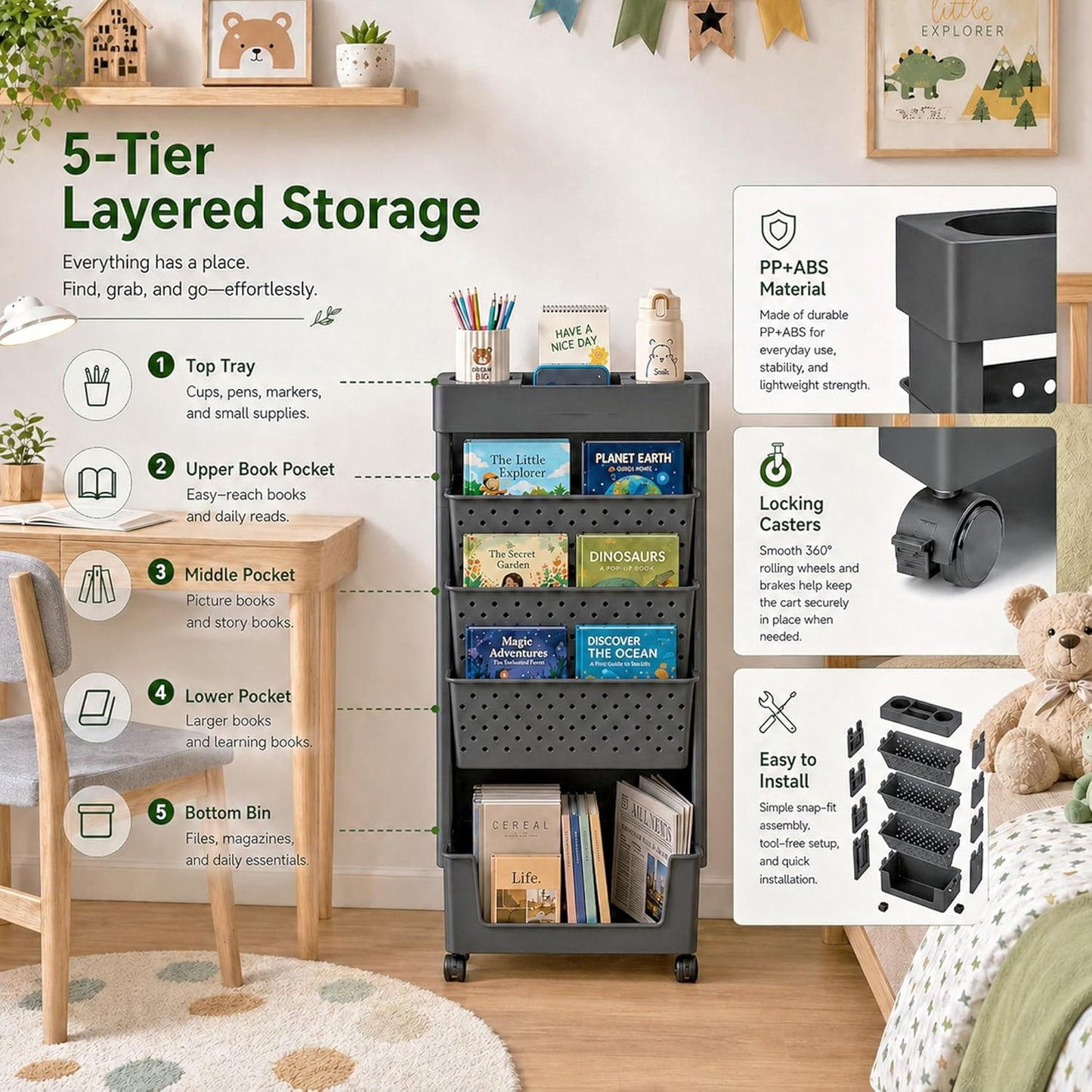 BYFU 6-Tier Movable Bookshelf Cart, Rolling File Storage Paper Organizer Mobile Bookcase with Wheels for Home Office Study Classroom, Black