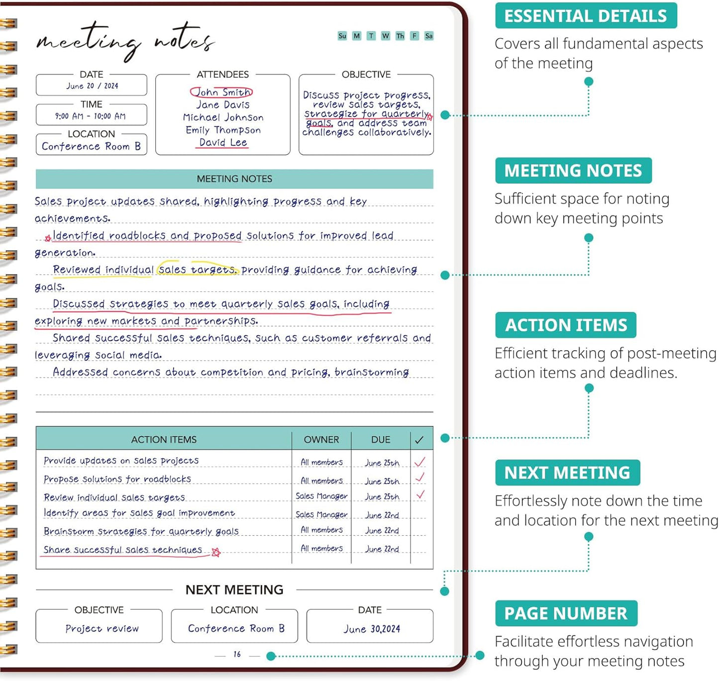 Meeting Notebook for Work Organization - Work notebook with action items, Meeting Minutes Planner Notebook, Perfect Office Supplies for Men & Women - Pink
