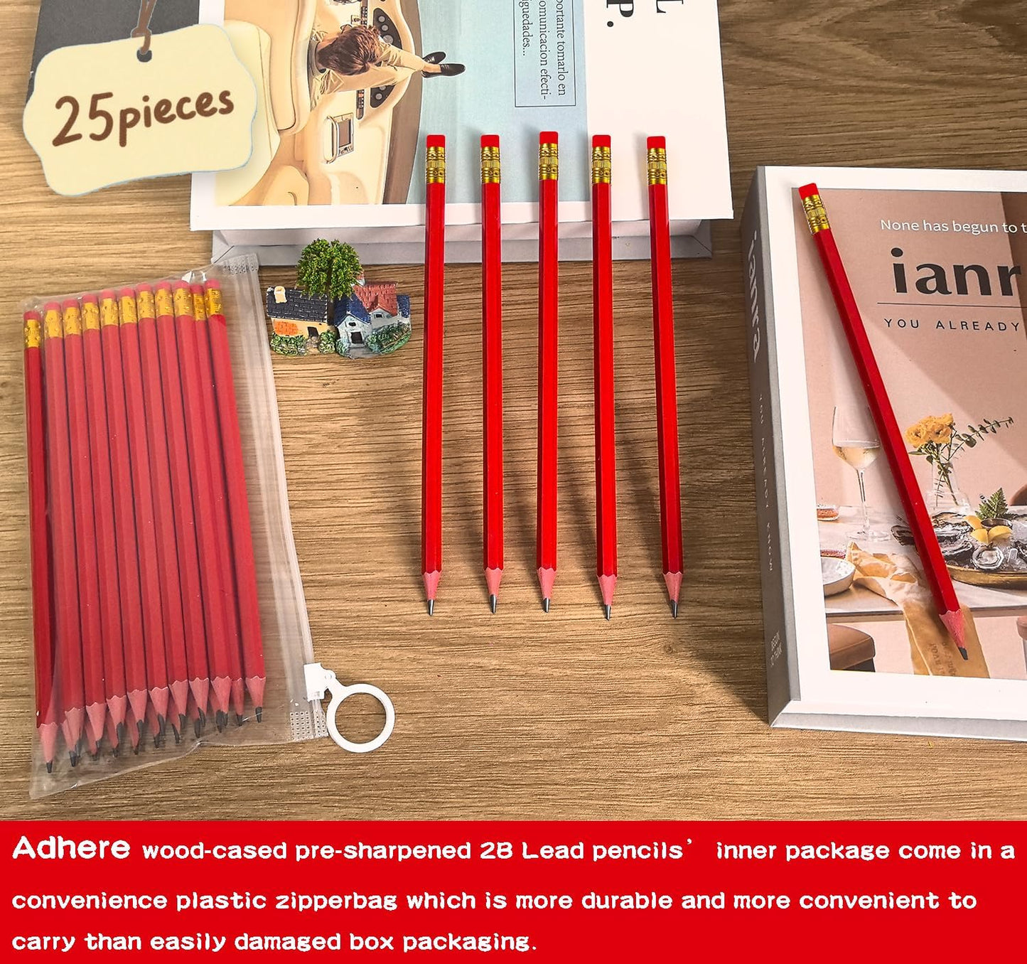 Adhere 25pcs Woodcase Pencils with Eraser Premium Pre-Sharpened Hexagon Graphite 2B pencils ideal for home, office writing including a Free Sharpener(Pink・25pcs)