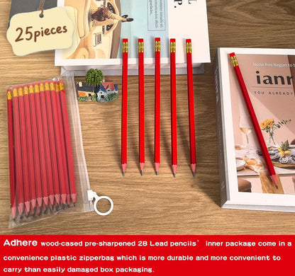 Adhere 25pcs Woodcase Pencils with Eraser Premium Pre-Sharpened Hexagon Graphite 2B pencils ideal for home, office writing including a Free Sharpener(Pink・25pcs)