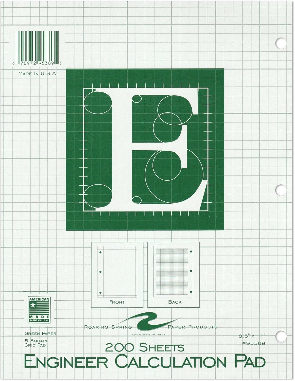 ROARING SPRING Graph Ruled Engineering Pad, Engineering Graph Paper Pad, 5x5 Enclosed Grid, 8.5" x 11", 200 Sheets, 3 Hole Punched, Green Tinted Sheets, Made in USA