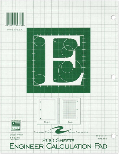 ROARING SPRING Graph Ruled Engineering Pad, Engineering Graph Paper Pad, 5x5 Enclosed Grid, 8.5" x 11", 200 Sheets, 3 Hole Punched, Green Tinted Sheets, Made in USA
