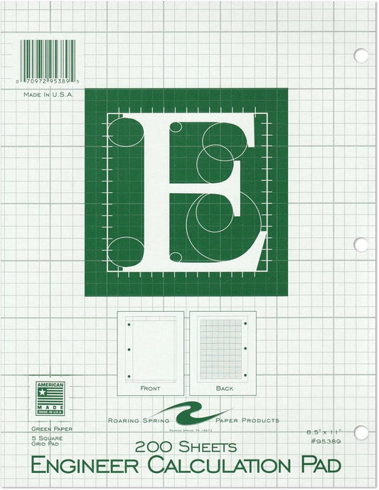 ROARING SPRING Graph Ruled Engineering Pad, Engineering Graph Paper Pad, 5x5 Enclosed Grid, 8.5" x 11", 200 Sheets, 3 Hole Punched, Green Tinted Sheets, Made in USA