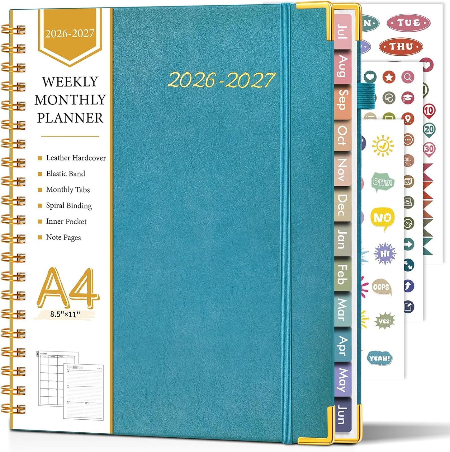 2026 Planner, Weekly and Monthly Calendar Planner from January 2026 - December 2026, 8.5" x 11" Hardcover Leather Hourly Appointment Book with Tabs, Spiral Daily Planners for School Work Home, Green