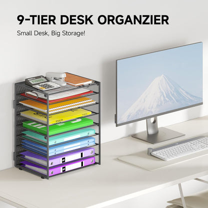 Cawukege 9 Tier Paper Organizer with Handle, Black Large Capacity Desk Organizer Mesh File Folder Letter Paper Tray Desktop Document Sorter for Classroom, School, and Office Accessories Organization
