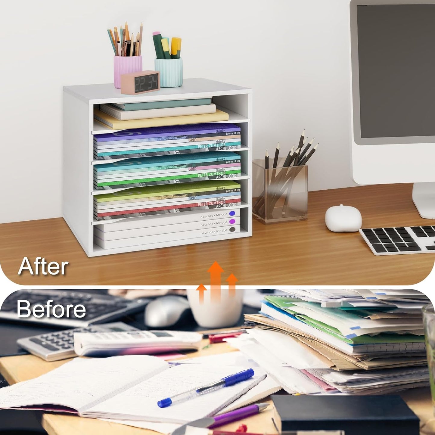 EMERIT 4-Tier Adjustable Paper Organizer, Large Capacity Desktop Organzier for Textbooks/Magazines/Office Files, Wooden Dividers, 7 lbs per Shelf, White
