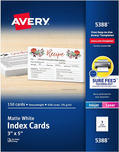 Avery Printable Index Cards, Sure Feed Technology, 3" x 5", Matte White, Laser & Inkjet Compatible, 150 Blank Cards Total, Great for Product Branding, Marketing, and More (5388)
