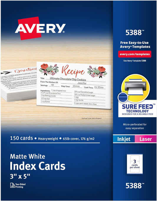 Avery Printable Index Cards, Sure Feed Technology, 3" x 5", Matte White, Laser & Inkjet Compatible, 150 Blank Cards Total, Great for Product Branding, Marketing, and More (5388)