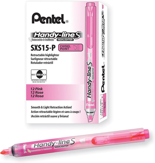 Pentel Handy-Line S Retractable and Refillable Chisel Tip Highlighter, Pink Ink, Box of 12 (SXS15-P)