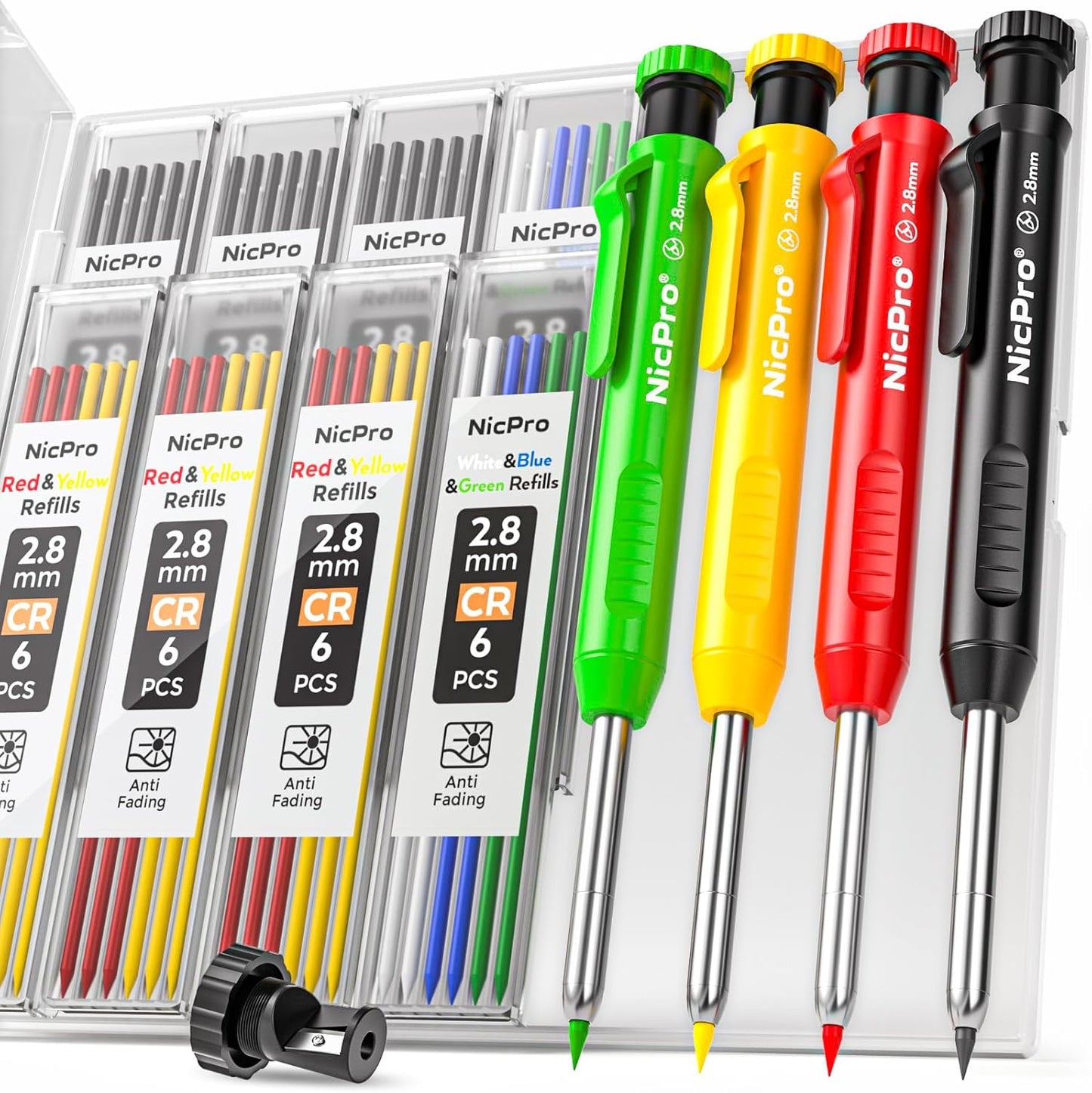 Nicpro Carpenter Pencil with Sharpener, Mechanical Pencils Set with 26 Refills, Deep Hole Marker for Construction, Heavy Duty Woodworking Tools for Architect (Black, Red) - With Case