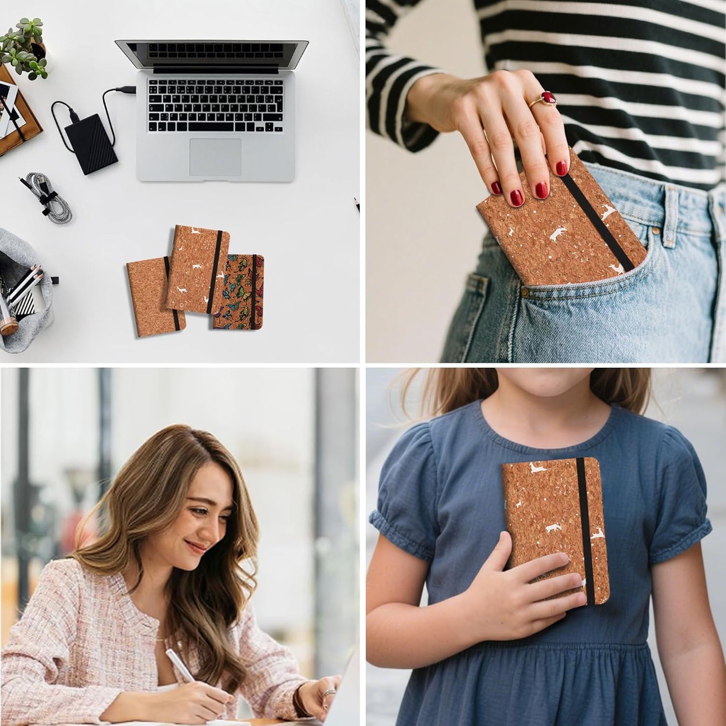 BOBO RABBIT 3 Pack Pocket Journal Notebooks Small Mini Notebook for Note Taking Little Compact A6 Size Hardcover Cork Notepads for School Office Traveler Diary, 3.7"x5.7", Total 600 Pages