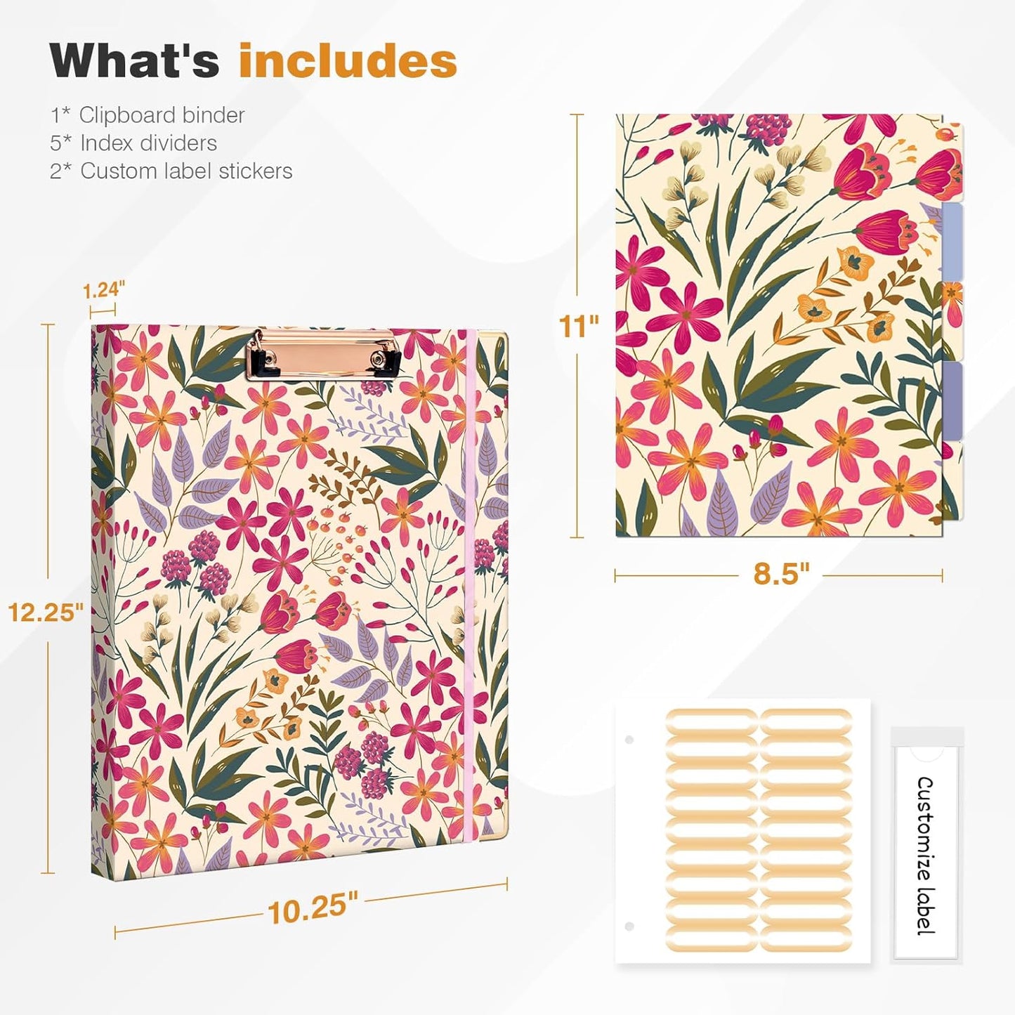 Ospelelf Binder 3 Ring 1 Inch, Floral Round Ring Clipboard Binder for Letter Size with 5 Tab Dividers, File Folder Labels, for School and Office Supplies