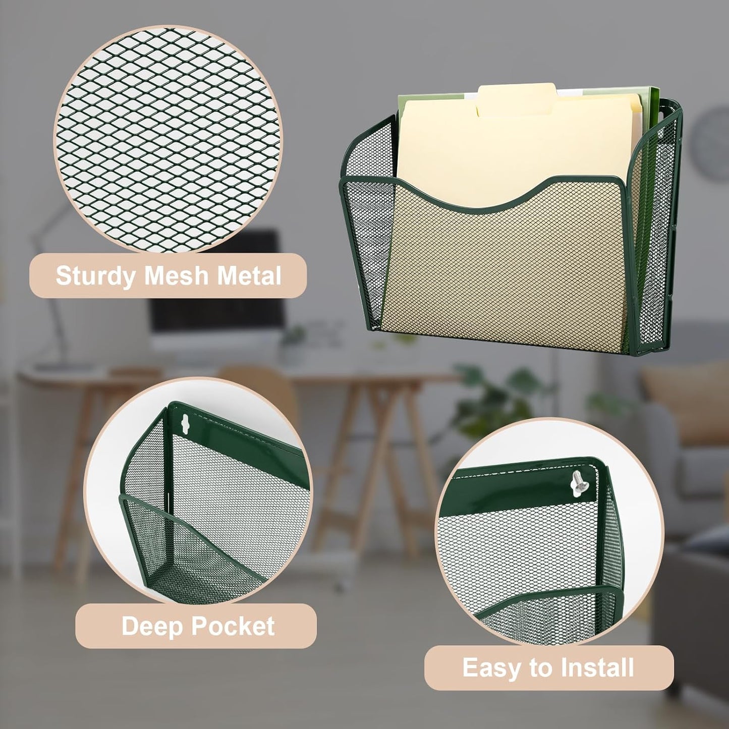 EASEPRES 3 Single Pocket Mesh Hanging File Organizer, Vertical Wall Mounted Magazine File Holder, Mount Basket Mail Paper Document Folder Organizing for Office, Home and School, Black