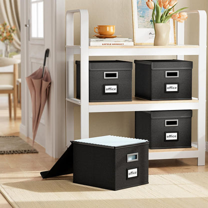Huolewa Upgraded Portable File Organizer Box with Lid, Collapsible Linen Hanging Filing Storage Boxes with Plastic Slides, Decorative Home/Office Filing System Box for File and Folders Storage (Gray)