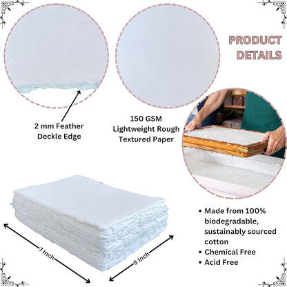 Handmade Cotton Paper with Deckle Edge Recycled Cotton Rag Mixed Media Card Stock for Postcards, Invitations, Crafts and Announcements (150gsm, 4x6 inch "A6", 50 Pack)