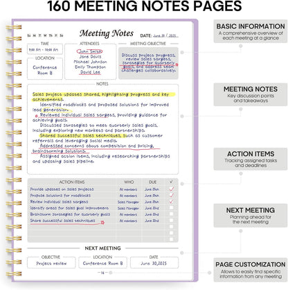 Taja Meeting Notebook for Work Organization - Work Planner Notebook with Action Items, Agenda Planner for Note Taking, 160 Pages (6.9" X 9.9") Project Organizer for Men & Women - Blue