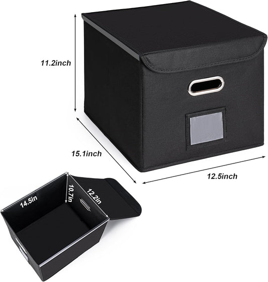 CADONO File Organizer Box with Lid, Large Hanging File Folder Organizer with Plastic Slide, Collapsible Portable Filing Storage Boxes for Office/Decor/Home (Black, 14.9 x 12.59 x 10.8 inch)