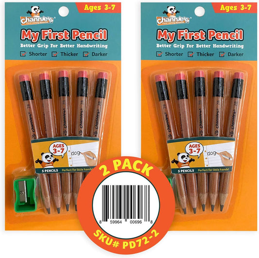 Channie's My First Pencil, Easy-to-Hold Jumbo Pencils for Preschoolers, Kindergarteners & 1st Graders, Brown Wooden 2B Fat Pencils for Kids Ages 3-7, 2 Pack (5 Each) + Sharpener
