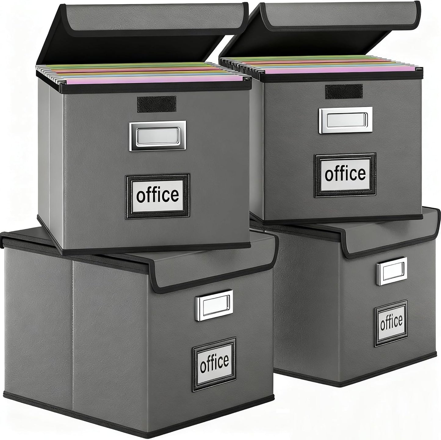 Huolewa Upgraded Portable File Organizer Box with Lid, Collapsible Linen Hanging Filing Storage Boxes with Plastic Slides, Decorative Home/Office Filing System Box for File and Folders Storage (Gray)