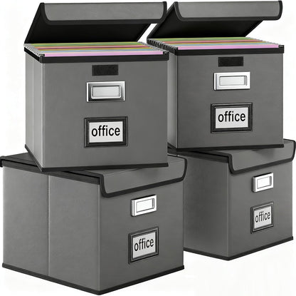 Huolewa Upgraded Portable File Organizer Box with Lid, Collapsible Linen Hanging Filing Storage Boxes with Plastic Slides, Decorative Home/Office Filing System Box for File and Folders Storage (Gray)