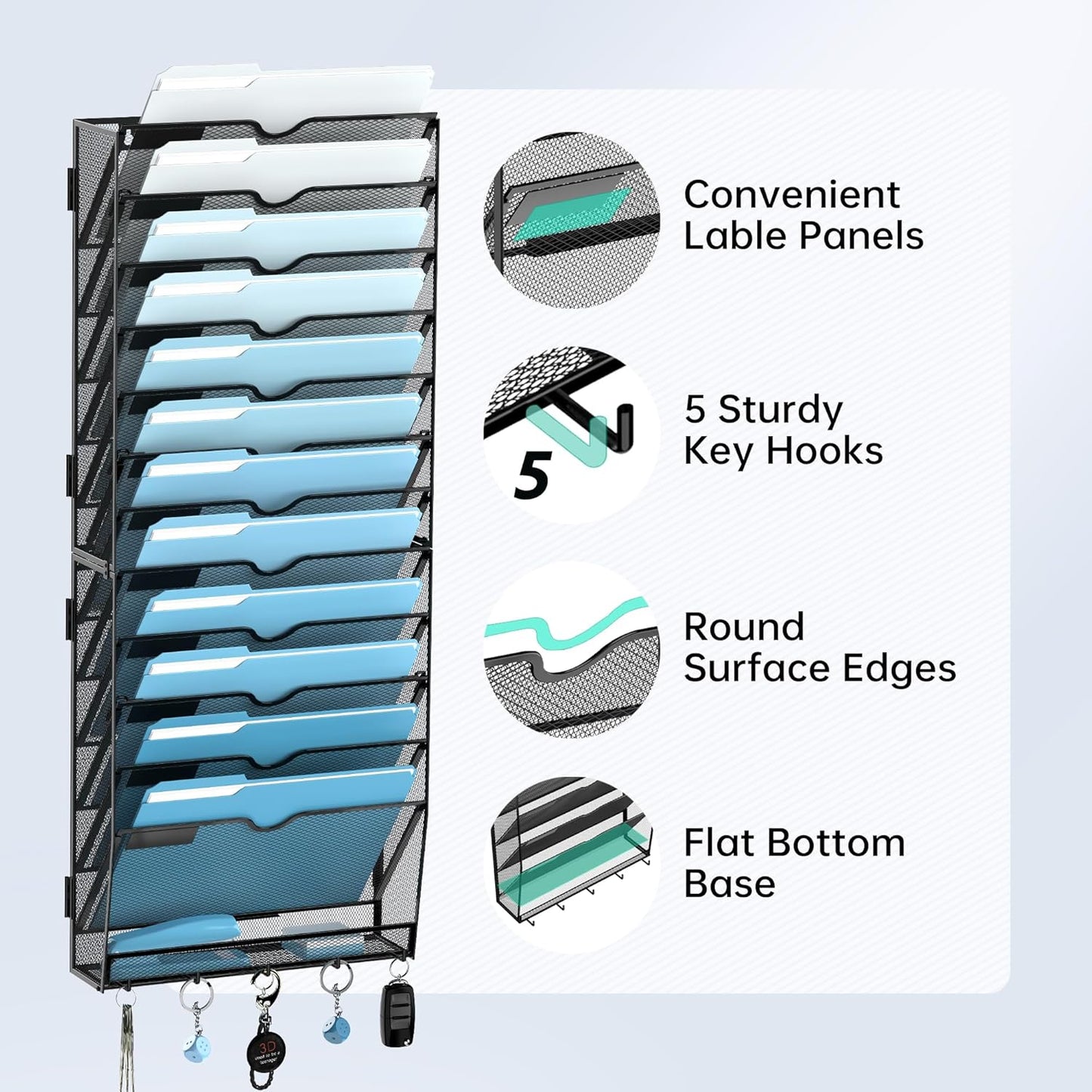 SUPEASY 7-Tier Mesh Wall File Holder, Hanging Wall File Organizer, Office Organization for Papers, Mails, Folders, Files Clipboard Magazine Rack, Black