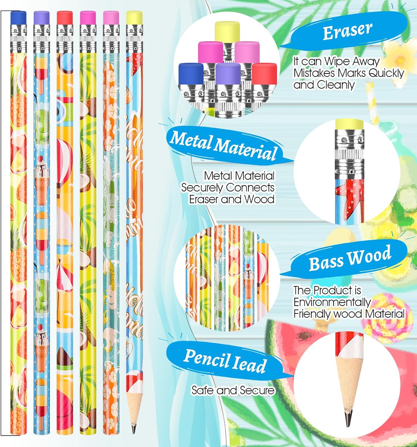 Fainne 72 Pcs Beach Themed Summer Pencils with Eraser Bulk Hawaiian Party Favors Cool Summer Novelty Fun Wooden Colorful Pencils for Class School Office Supplies Reward Party Gifts, 6 Style (Beach)