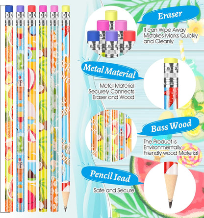 Fainne 72 Pcs Beach Themed Summer Pencils with Eraser Bulk Hawaiian Party Favors Cool Summer Novelty Fun Wooden Colorful Pencils for Class School Office Supplies Reward Party Gifts, 6 Style (Beach)