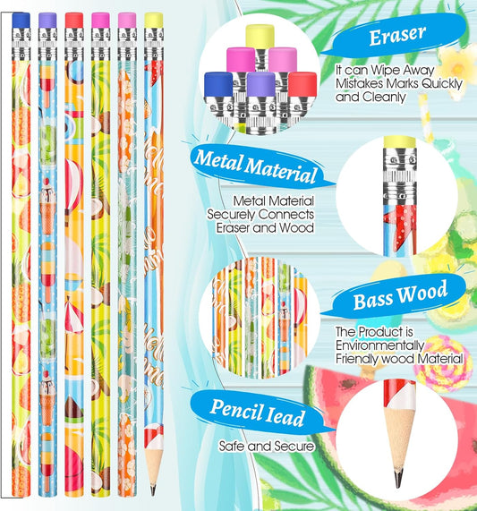 Fainne 72 Pcs Beach Themed Summer Pencils with Eraser Bulk Hawaiian Party Favors Cool Summer Novelty Fun Wooden Colorful Pencils for Class School Office Supplies Reward Party Gifts, 6 Style (Beach)