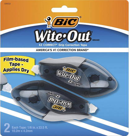 BIC Wite-Out EZ Correct Grip Correction Tape - 33.50 ft Length - 1 Line(s) - White Tape - Rubber Grip - 2 / Pack - White
