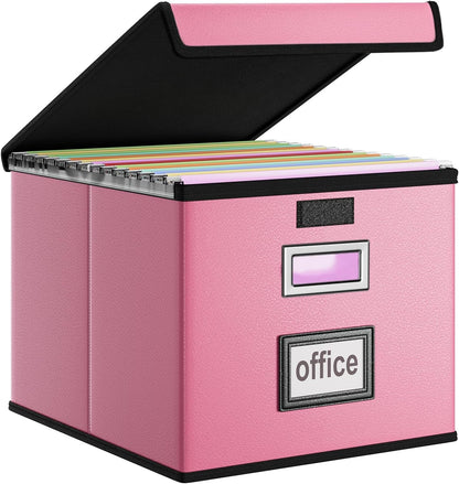 Huolewa Upgraded Portable File Organizer Box with Lid, Collapsible Linen Hanging Filing Storage Boxes with Plastic Slides, Decorative Home/Office Filing System Box for File and Folders Storage (Gray)