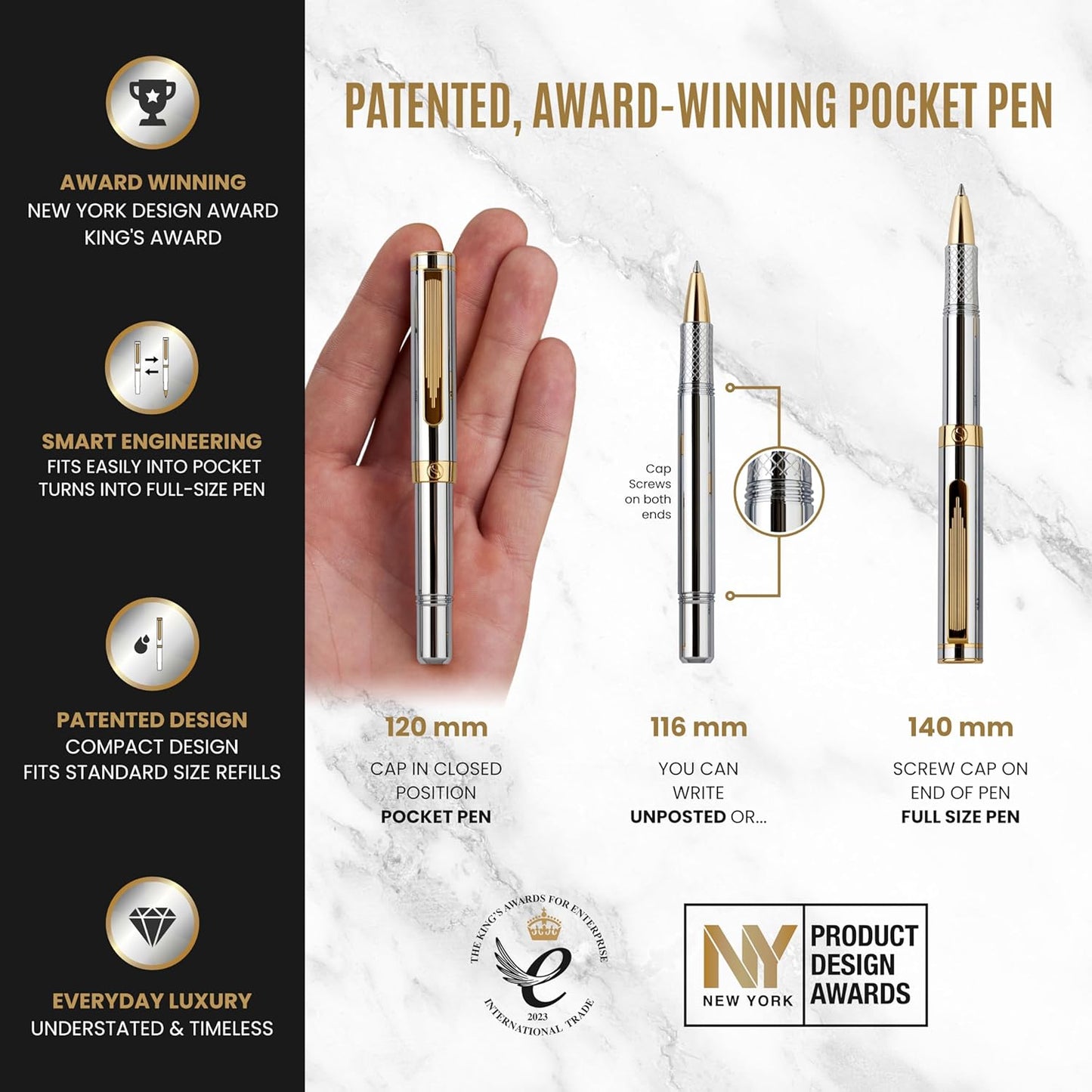 Scriveiner Black Rollerball EDC Luxury Pen, Stunning Pocket Pen with Chrome Finish, Cool Writing, Best Gift for Men & Women, German Schmidt Refill, Nice Present, Fancy Office Designer Set