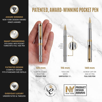 Scriveiner Black Rollerball EDC Luxury Pen, Stunning Pocket Pen with Chrome Finish, Cool Writing, Best Gift for Men & Women, German Schmidt Refill, Nice Present, Fancy Office Designer Set