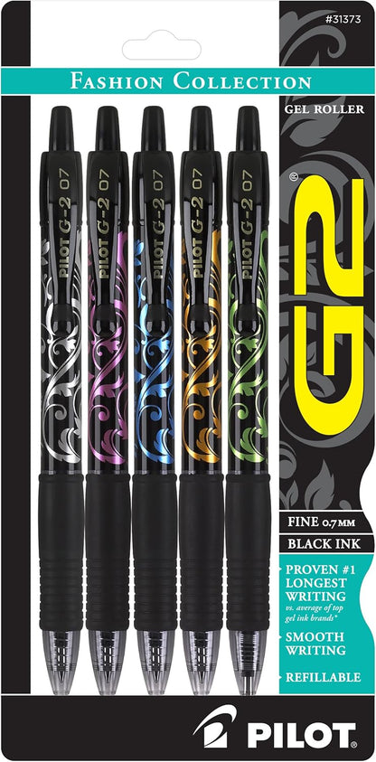 Pilot, G2 Premium Gel Roller Pens, Fine Point 0.7 mm, Fashion Collection, Black, Pack of 5