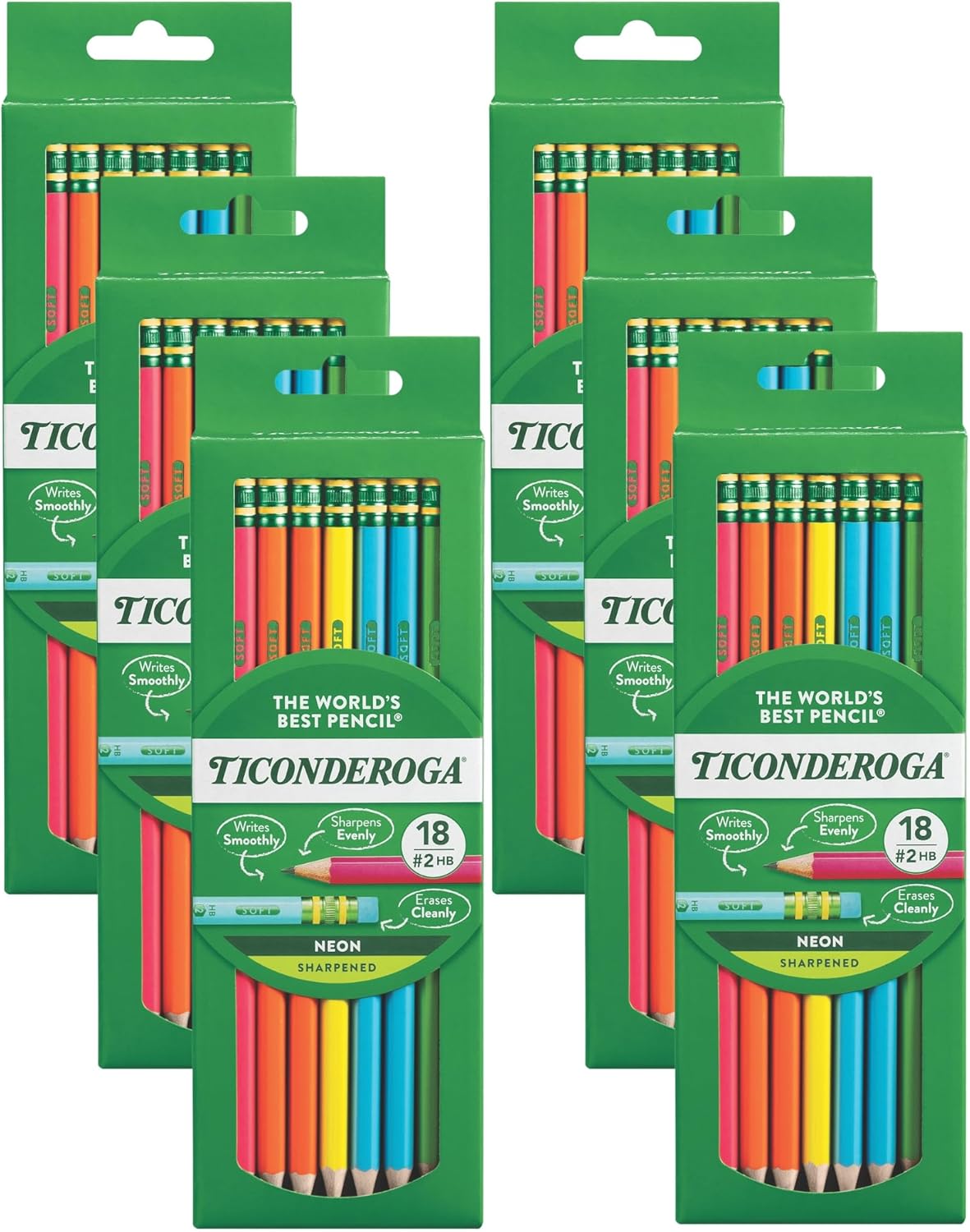 Ticonderoga Wood-Cased Pencils, Pre-Sharpened, #2 HB Soft, Neon Colors, 18 Count