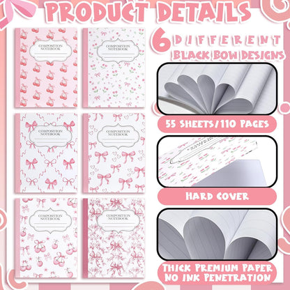 Fullhawl 6 Pcs Bow Composition Notebooks, Preppy Coquette Notebook College Ruled Journal, 110 Page, Cute Back to School Gift for Teacher, Student, First Day of Schooll(Pink,9-3/4 x 7-1/2")
