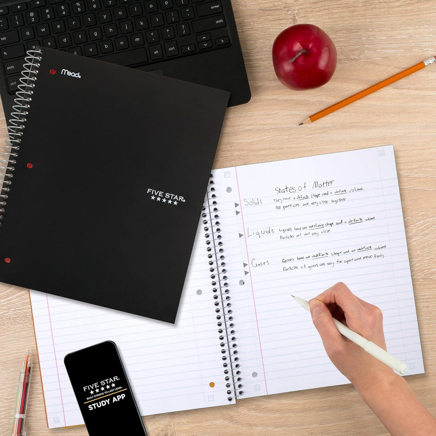 Five Star Spiral Notebook + Study App, 5 Subject, Wide Ruled Paper, 8" x 10-1/2", 200 Sheets, Fights Ink Bleed, Water Resistant Cover, Tidewater Blue (73196)